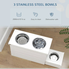 PawHut Elevated Dog Bowls With Slow Feeder Mat, Storage Cabinet, 3 Stainless Steel Bowls For Large & Extra Large Dogs, White