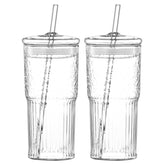 20 Oz 2-pack Glass Straw Cup With Vertical Pattern Cup And Lid, High Borosilicate Heat-resistant Glass Cup For Juice, Milk And Cold Drinks