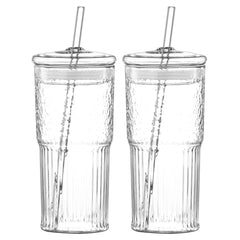 20 Oz 2-pack Glass Straw Cup With Vertical Pattern Cup And Lid, High Borosilicate Heat-resistant Glass Cup For Juice, Milk And Cold Drinks