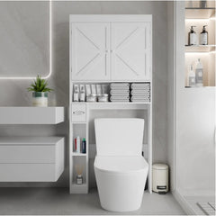 Over The Toilet Storage Cabinet With 2 Door Home Space Saving Toilet Rack, Farmhouse Style For Bathroom, Restroom, Laundry