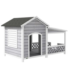Wooden Dog House Outdoor with Porch, Cabin Style Raised Dog Shelter with Asphalt Roof, Doors, and Shutter Window, for Medium Large Sized Dog, Light Gray