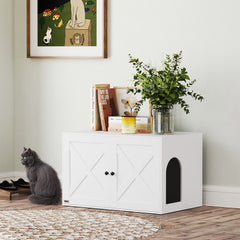 Cat Litter Box Enclosure with Barn Door, Cat Hole, 31.5" x 21" x 20", White