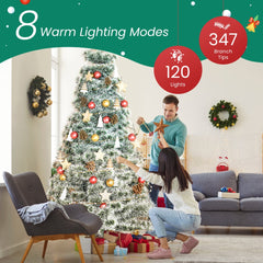 Pre-lit Artificial Christmas Tree, Prelighted Green Artificial Hinged Spruce Xmas Tree With 347 Branch Tips, 120 Incandescent Lights