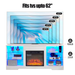 TV Stand Electric Fireplace Glass Shelves, 3D Fireplace TV Stand With LED Lights Wood With USB Charging Outlet Modern Television Table Center For TV Up To 62 White, 58Wx15.5Dx24.4