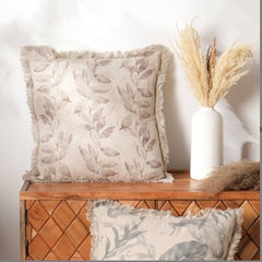 Linen Printed Cushion With Fringes Brown