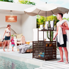 Pool Float Storage Organizer, PE Rattan Pool Float Holder With Basket Shelf Towel Bars, Rolling Pool Caddy For Floaties, Noodles, Life Vests, Beach Balls, Brown