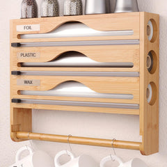 Bamboo Plastic Wrap Cutter With Paper Towel Holder Kitchen Wall-mounted Tinfoil Cutter With Three-grid Cutter And Paper Towel Storage Rack