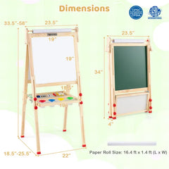 Natural Pine Wood 3-in-1 Kids Art Easel With Magnetic Whiteboard & Chalkboard, Adjustable Height Foldable Drawing Board For Ages 3-14