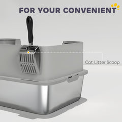 Stainless Steel Litter Box with High Sides, Metal Cat Litter Box with Scoop, Pedal, Anti-Urine Leakage, Non-Sticky