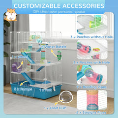 PawHut 6 Tier Hamster Cage With Tubes And Tunnels, Hut, Wheel, Food Dish, Water Bottle, Ramps, For Dwarf & Gerbil, Light Blue