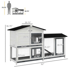 62" Rabbit Hutch, Wooden Bunny Hutch, Guinea Pig Cage, Small Animal Enclosure with Run Area, Removable Tray, Asphalt Roof, Lockable Doors and Ramp, for Rabbits, Chickens, Ducks, White