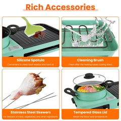 Electric Grill And Hot Pot Combo - 1600W Smokeless Korean BBQ Grill With Dual-Zone Cooking Non-Stick Surface & Adjustable Temp Control For 3-6 People IndoorOutdoor Use