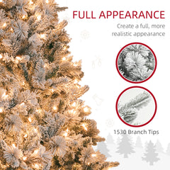 HOMCOM 7.5 Ft Pre-Lit Artificial Christmas Tree With 500 Clear Lights And 1530 Tips, Snow Flocked Christmas Tree With Metal Stand, Hinged Xmas Tree For Home Office Holiday, Green