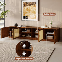 78 TV Stand For TVs Up To 85, TV Console For Living Room, Media Console With Rattan Doors, Adjustable Shelf TV Stand For Bedroom