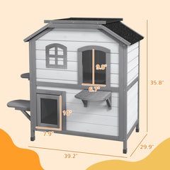 2-story Cat House Outdoor, Weatherproof Wooden Cat Enclosure for Feral Cats with Escape Door, Openable Roof, Jumping Platforms, White