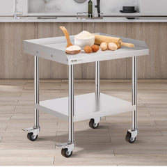 Stainless Steel Work Table, 24 X 28 X 30 Inch Commercial Food Prep Worktable With 4 Wheels, Casters, 3-Sided Backsplash Heavy Duty Prep Worktable, Metal Work Table For Restaurant Home Hotel