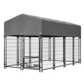 Dog Kennel Outdoor With Roof, 4.23'x7.81'x4.83' Welded Wire Enclosure, Heavy Duty Dog Crate With UV-Resistant Waterproof Cover, Double Lock & Rotating Feeder For Medium/Large Dogs