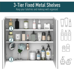 Kleankin Bathroom Mirrored Cabinet, Steel Frame Medicine Cabinet, Wall-Mounted Storage Organizer With Double Doors, White