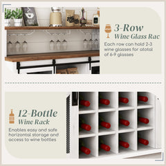 55" Coffee Bar Cabinet with Lights, Farmhouse Wine Cabinet with Wine and Glass Racks for Kitchen, Dining Room, White