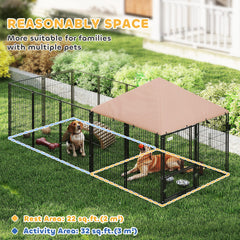 Large Outdoor Dog Kennel with Rotating & Adjustable Height Bowls, Waterproof & UV-Resistant Canopy, 11.3' x 4.7' x 5.1'