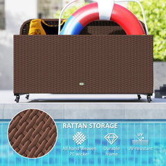 Rattan Pool Float Storage Organizer With Wheels, Brown