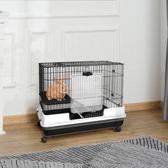 2-Level Small Animal Cage Rabbit Hutch with Wheels, Removable Tray, Platform and Ramp for Bunny, Chinchillas, Ferret, Black
