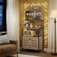 Baker's Rack with Power Outlet and Storage Shelves, Microwave Stand with Louvred Door Cabinets, Gray Wood Grain