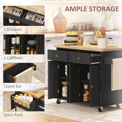 Kitchen Island Cart with Rubber Wood Top, Rolling Kitchen Island Table on Wheels with Drawers, Adjustable Shelves, Spice Rack and Towel Rack for Dining Room, Black