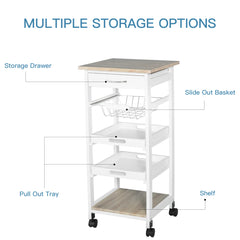 Mobile Kitchen Cart, Rolling Kitchen Island with Storage, Solid Wood Frame Utility Cart with Wire Fruit Baskets, Trays and Drawer, White