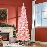 7.5ft Prelit Snow Flocked Artificial Christmas Tree with Pencil Shape, Pine Realistic Branches, Warm White LED lights, Auto Open, Pink and White