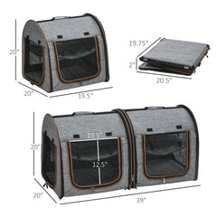 39" Portable Soft-Sided Cat Carrier, Cat Kennel, Travel Dog Crate with Divider, Two Compartments, Soft Cushions & Storage Bag, Easy to Fold, Light Gray