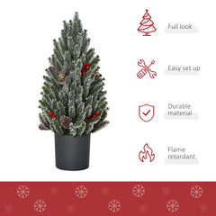 HOMCOM 18 Tall Unlit Miniature Snow-Flocked Tabletop Artificial Christmas Tree, Holiday Decoration With Pine Cones And Berries