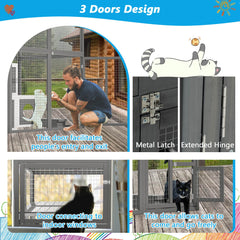 Outdoor Wooden Cat Catio - Large Solid Wood Cat Cage Playpen With 2 Jumping Platforms & 7 Napping Houses, Walk-in Cat Kennel Condo Shelter, Grey
