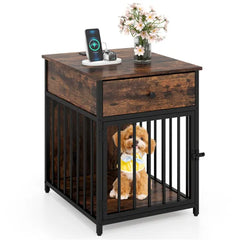 Black+Brown 2-in-1 Dog Crate End Table With Charging Station, Chew-Resistant Metal Tube Pet Furniture For Small Dogs Under 25 Lbs