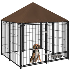 Outside Dog Kennel, 4.6' x 4.6' x 5' Puppy Play Pen with Canopy, Garden Playpen Fence Crate Enclosure Cage Rotating Bowl, for Dogs, Chickens, Ducks, Black
