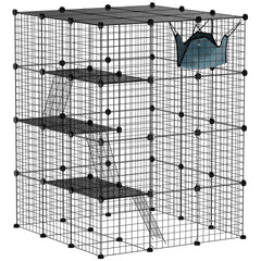 DIY 4 Tier Cat Cage Indoor with Hammock, Ramps, Jumping Platforms, Doors, Cat Enclosure for 1-3 Cats, 3 x 3 x 4, Black