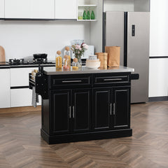 Rolling Kitchen Island Cart with Wheels, Portable Island Table for Kitchen with Stainless Steel Top, Adjustable Shelves, 2 Drawers, Spice, Knife and Towel Rack, Black