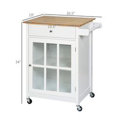 27" Rolling Kitchen Island Cart with Drawer and Glass Door Cabinet, Kitchen Trolley with Adjustable Shelf and Towel Rack, White