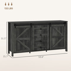 60" Buffet Cabinet, Farmhouse Sideboard with Sliding Barn Doors, Drawers and Adjustable Shelves, Distressed Dark Gray