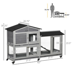 62" Wooden Mobile Rabbit Hutch with Wheels, Run Box, Slide-out Tray, Ramp
