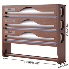 Bamboo Plastic Wrap Cutter With Paper Towel Holder Kitchen Wall-mounted Tinfoil Cutter With Three-grid Cutter And Paper Towel Storage Rack