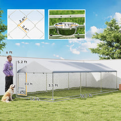 Outdoor Dog Kennel with Adjustable & Rotatable Bowl Rack, Waterproof Cover, Secure Lock, 19.7' x 7.5' x 5.2'