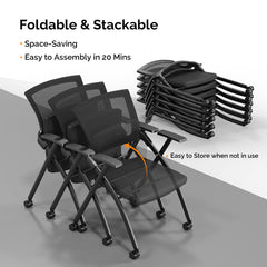2 Pack Stackable Conference Room Chairs With Wheels, Folding Office Chair With Rebound Back, Padded Seat For Training Room, Guest, Reception, Event, Capacity 350lbs, Black