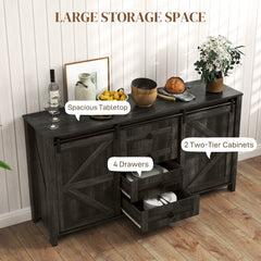60" Buffet Cabinet, Farmhouse Sideboard with Sliding Barn Doors, Drawers and Adjustable Shelves, Distressed Dark Gray