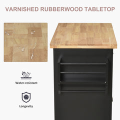 Kitchen Island Cart with Rubber Wood Top, Rolling Kitchen Island Table on Wheels with Drawers, Adjustable Shelves, Spice Rack and Towel Rack for Dining Room, Black