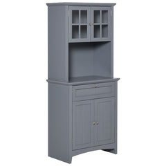 Elegant Buffet with Hutch, Kitchen Pantry Storage Cabinet with Framed Glass Door Drawer and Microwave Space, Gray