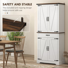 71" Tall Kitchen Cabinet, Farmhouse Pantry Cabinet w/ Barn Doors, 6 Shelves w/ 2 Doors, Drawer and Adjustable Shelves, White