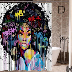 Art Design Graffiti Art Hip Hop African Girl with Black Hair Big Earring with Modern Building Shower Curtain for Bathroom Decor