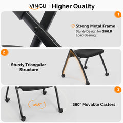 2 Pack Stackable Conference Room Chairs With Wheels, Folding Office Chair With Rebound Back, Padded Seat For Training Room, Guest, Reception, Event, Capacity 350lbs, Black