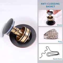 Pop-Up Drain Stainless Steel With Overflow Anti-Clogging For Vessel Sink Lavatory Vanity Sink Drain With Strainer Basket, Oil Rubbed Bronze